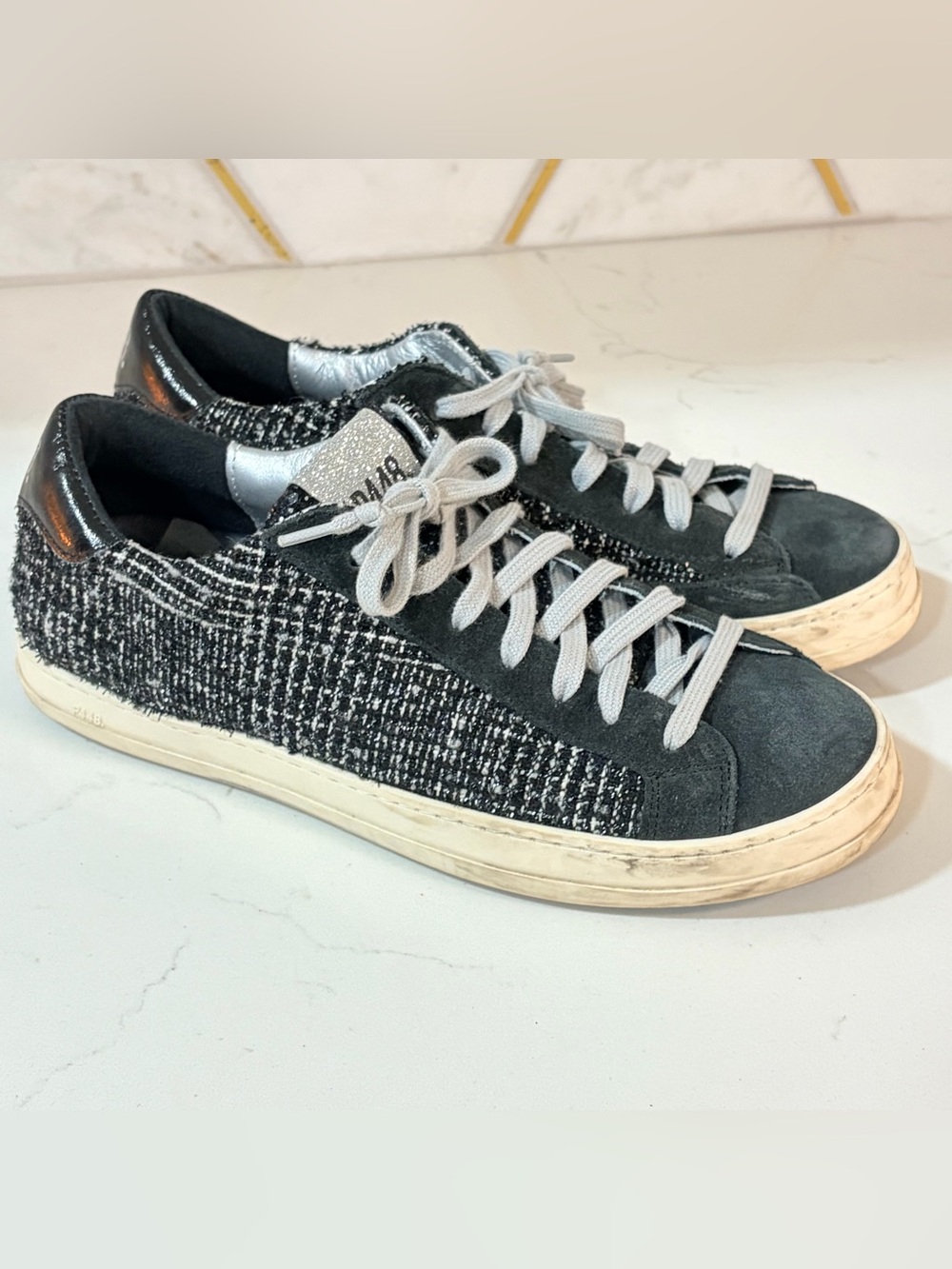 P448 Made In Italy John Black Tweed Boucle+PatentLeather Sneakers EU40 US9-9.5
